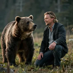 leornado dicaprio shrugs and laughs at a bear in a scene from the revenant, beautiful cinematic photography