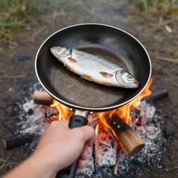 holding a skillet with a fish inside above a small garbage fire, first person view, pov, 40mm photo
