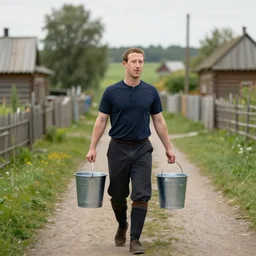 mark zuckerberg in a dress carries a bucket of water along the path, russian village, realism, maximum detail, high quality, depth of field, soft light, proportions, composition, classicism painting,