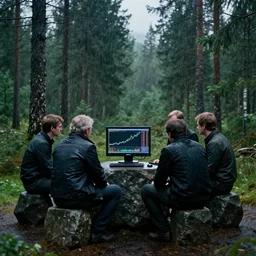 photography of five businessmen sitting around and worshipping a computer on a stone in the norwegian forest, showing stock charts going up on its screen, in the humid norwegian forest, on a rainy day, photorealistic montage, film still of ex machina, pentax, 8 0 mm, f 4. 0, professional lighting, 4 k, trending on artstation, dark green and grey