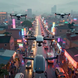 3 d vfx art of flying drones above a bustling - neon lit - wet ajegunle street in nigeria, cinestill 8 0 0 t photograph, unreal engine render, digital illustration, illustration style by mike winkelmann, sharp, intricate detail, volumetric light, ray tracing, soft light, colourful, surreal environment, wide angle first person view,
