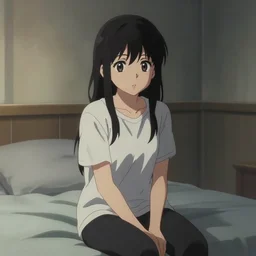 a film still of lone anime girl in white tshirt is sitting on poor bed in pale colors room in dark russian flat, perfect faces and eyes, fine details, anime, cinestill