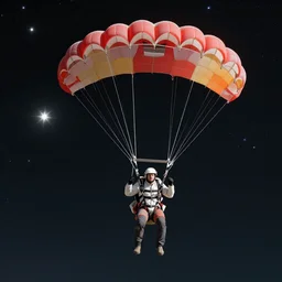 a single man traveling towards space with parachute, stars glowing in dark background, highly detailed