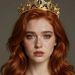 face of a sad beautiful lady which has a golden crown on her head and silky red hair