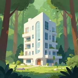 an illustration of a post - modern building in the woods, trending on artstation, central composition, very cartoon, shape focus, high detailed, by homg chan