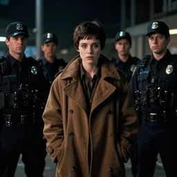 at night, sadie sink with a pixie haircut in a bulky man's coat hides from policemen who are looking for her : a still from a scifi dystopian cyberpunk film from 1 9 8 0 s. by steven spielberg, robert zemeckis, francis ford coppola, and james cameron. shot on 6 5 mm low grain film stock. sharp focus, faithfully depicted facial expression, perfect anatomy, global illumination, radiant light, detailed and intricate environment, trending on artstation