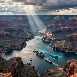 Grand Canyon filled with water, ships sealing, large underwater creatures
