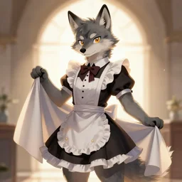 anthropomorphic wolf fursona wearing a maid outfit holding a duster, backlighting, furry art, trending on artstation, digital art, trending on furaffinity