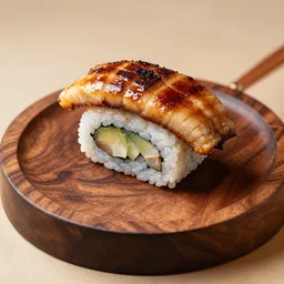 The ultimate sushi-burger with extra unagi on a hand carved cherrywood plate. Perfect photography.