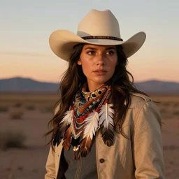 the shadow, a gorgeous woman, a native American feather scarf, beige cowgirl hat, western jacket and a bokeh western desert background at sunset, highly detailed, hard light digital painting, artstation, concept art, sharp focus, illustration, inspired by greg rutkowski and alphonse mucha