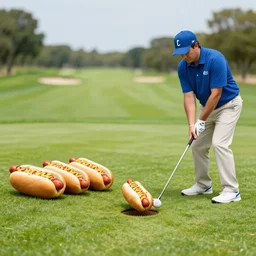 4 5 mm 1 9 6 7 cookbook photgraphy of a hotdog hitting a hole in one at a golf course, photography by tyler mitchell johfra bosschart