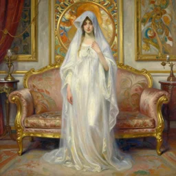 a renaissance oil painting of a veiled ghost woman inside an intricately decorated living room by Alma Tadema, by Alphonse Mucha, pastel color scheme, digital painting