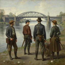 a painting of people on a river with a bridge in the background, a detailed matte painting by Edmund Greacen, cgsociety, classical realism, matte painting, steampunk, matte drawing