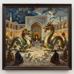 an oil painting in the style of orientalism of dragons on display in a dragon auction in the grand bazaar of isfahan by edwin lord weeks