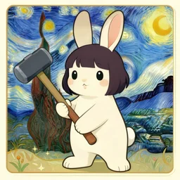 an anthropomorphic young rabbit with short dark hair holding a sledgehammer by ayami kojima, van gogh, alphonse mucha, artstation, digital art