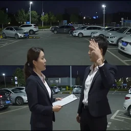 cctv footage of a business woman making a deal in a parking lot at night, hd security video, 4 k