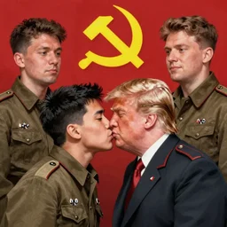 a wwii soviet propaganda portrait of kim jong - un kissing donald trump by rei kamoi and dan mumford and robin eley, communist hammer and sickle