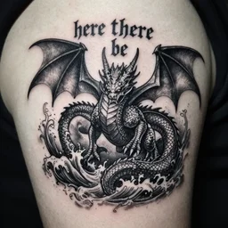grunge tattoo ideas based on here there be dragons, dragons, sea monsters hidden beneath the surfac