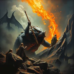 gandalf slays the balrog. a 2 4. artgerm. high detail scene. beksinski. epic ultrarealism. oil on canvas. cinematic wide angle lens