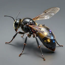 intricate wasp, cyborg wasp, shiny textured plastic shell, hinges, wires, pinned joints, glowing LEDs, cables, antennae, circuitry, chips, capacitors, highly detailed digital painting by H.R. Giger and Johanna Martine and Jeffrey Smith, octane engine render 8k HDR