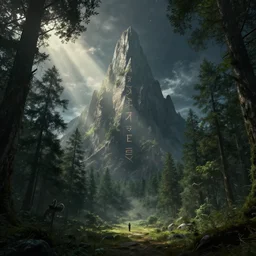 a single tall mountain reaching towards space, an ecological gothic scene, witch runes in the deep forest, magical clearing, sunshafts, dramatic lighting, dust motes floating in the sunlight, 4 k concept art
