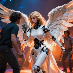 a beautiful robotic angel terrified by an unseen assailant by dan mumford and alberto vargas and josan gonzalez and gil elvgren, vibrant, white, orange, blue