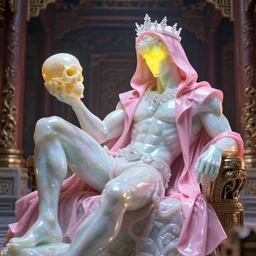 photo of fullbody rococo and cyberpunk delicate neon crystalline sculpture of handsome muscular onyx albino marble prince zayn malik as an mint iridescent humanoid deity wearing pink plastic hooded cloak holding an onyx skull in a onyx chinese dungeon, reclining, glowing yellow face, crown of white diamonds. intricate artwork by caravaggio. trending on artstation, octane render, cinematic lighting from the right, hyper realism, photorealistic, octane render, 8 k, depth of field, 3 d