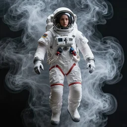 close up shot of a full body floating woman in space suit smoke elemental fading into white smoke, high contrast, james gurney, peter mohrbacher, mike mignola, black paper, mandelbulb fractal, trending on artstation, exquisite detail perfect, large brush strokes, bold blacks and pinks and blues tones, intricate ink illustration, black background