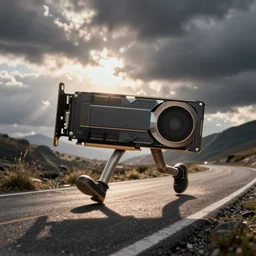 a gpu with legs running on the road, photo