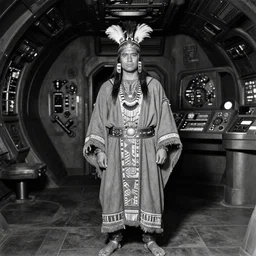portrait of Iroquois warrior standing in front of a space ship command center, cockpit with complex machinery, space ship interrior nostromo style, dark, warrior wears pyoropus and ornaments and tribal decorations on his robes, black and white old photo, vintage