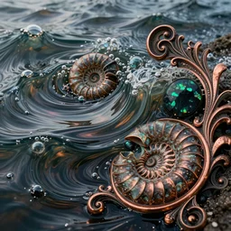 cinematic landscape, art nouveau cresting oil slick waves, ammonite, bubbles in a shiny iridescent oil slick wave, black opals, ornate copper patina art nouveau spiral ornament, rococo, organic rippling spirals, hyperdetailed photorealistic ultrasharp octane render