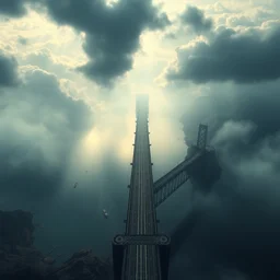 a singular fantasy very long black bridge across a big lake, aerial view, dark fantasy matte painting by marc simonetti trending on artstation