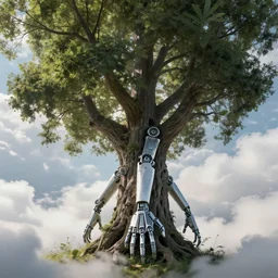 biomechanical arms and legs growing out of a tree, backlit, clouds, concept art