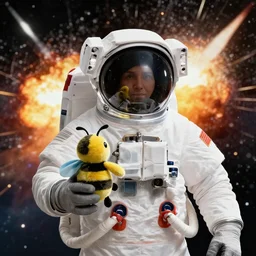 an astronaut holding a ( bumblebee plush toy ) in his hand, space background with explosions, highly detailed still portrait, award winning picture