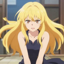 wide shot of anime blonde angry girl, by kyoto animation