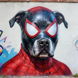 graffiti art of spiderman wearing a latex mask of a pitbull dog