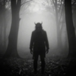 killed and creepy black devil in the misty wood, pale light, pinhole camera effect, lomography effect, analogue photo quality, monochrome, blur, unfocus