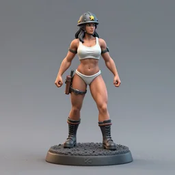 80mm resin detailed miniature of a very Muscular miner woman, helmet, stomach, white underpants, navel, boots, Logo, textured base; Product Introduction Photos, 4K, view from front