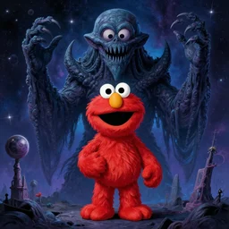 elmo from sesame street as a cosmic horror, eldritch god, digital painting, lots of details