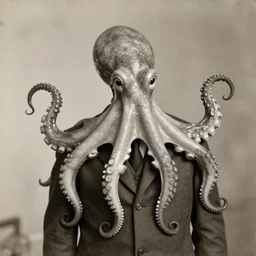 anthropomorphic octopus , wearing a suit, vintage photograph, sepia