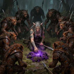 Fantasy illustration by Larry Elmore - The pack of kobolds is crouched in a circle. They are snivelling canid humanoids, with scales of rust, and they carry spears. Their leader, a matronly female with numerous tattoos, kneels in the center of the circle and gathers the pulsing purple moss. She has a spear, but it lies across her lap.