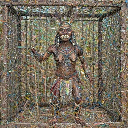 zulu tribal warrior made out of teeth, american in a cage