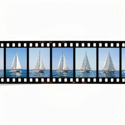 a modern color film strip of the boat sailing from left to right with 9 frames