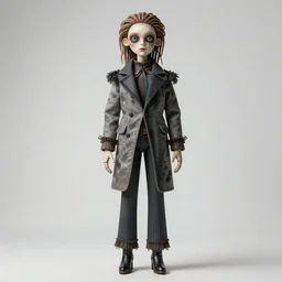 full size tall creepy human doll by gerald brom, high fashion clothes, beautiful detailed face, weird unique design, strange clothes, reference sheet, white background