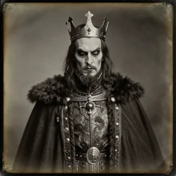 A daguerreotype photograph of an evil looking king. Dark Fantasy.