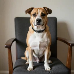 a dog sitting on a chair by dean bradshaw