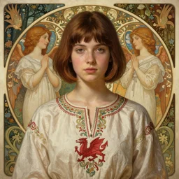 symmetry portrait of welsh brunette student in mans tunic, embroidery, tomboy, short hair, intricate forest background, intricate, elegant, highly detailed, digital painting, artstation, concept art, smooth, sharp focus, illustration, art by artgerm and greg rutkowski and fra angelico and alphons mucha