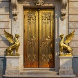 beautiful painting, paper texture, detailed, ornate, art deco, large door at the top of stairs, either side of the door is brass griffon statues, golden hour, rust, metal rivets