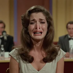 1983 crying woman on a talk show show with a long prosthetic snout nose, big nostrils, wearing a dress, 1983 French film color archival footage color film 16mm Fellini Almodovar John Waters Russ Meyer movie still