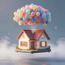 a photograph of a floating house inspired by movie up, held by small vibrant ballons in the air, mist, playful composition